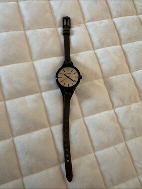Fossil Black Face Dark Green Genuine Leather Strap Watch with Tan Dial